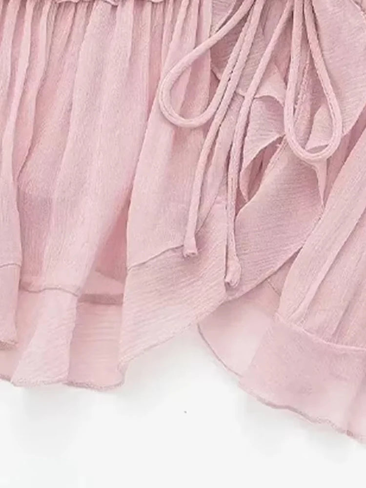 Moda femenina con tops semitransparentes con volantes en la parte delantera y tirantes finos sin espalda, sexys, para mujer