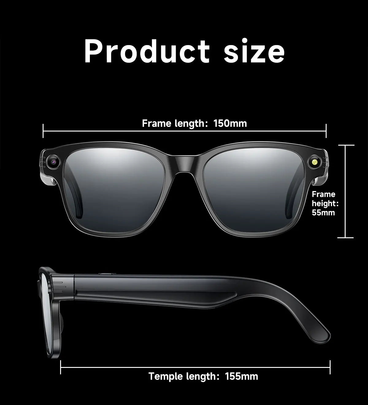 Gafas inteligentes con cámara HD de 8 MP, vídeo HD antivibración de 1200p, asistente de voz inteligente con IA, traducción en tiempo real y reconocimiento de objetos.