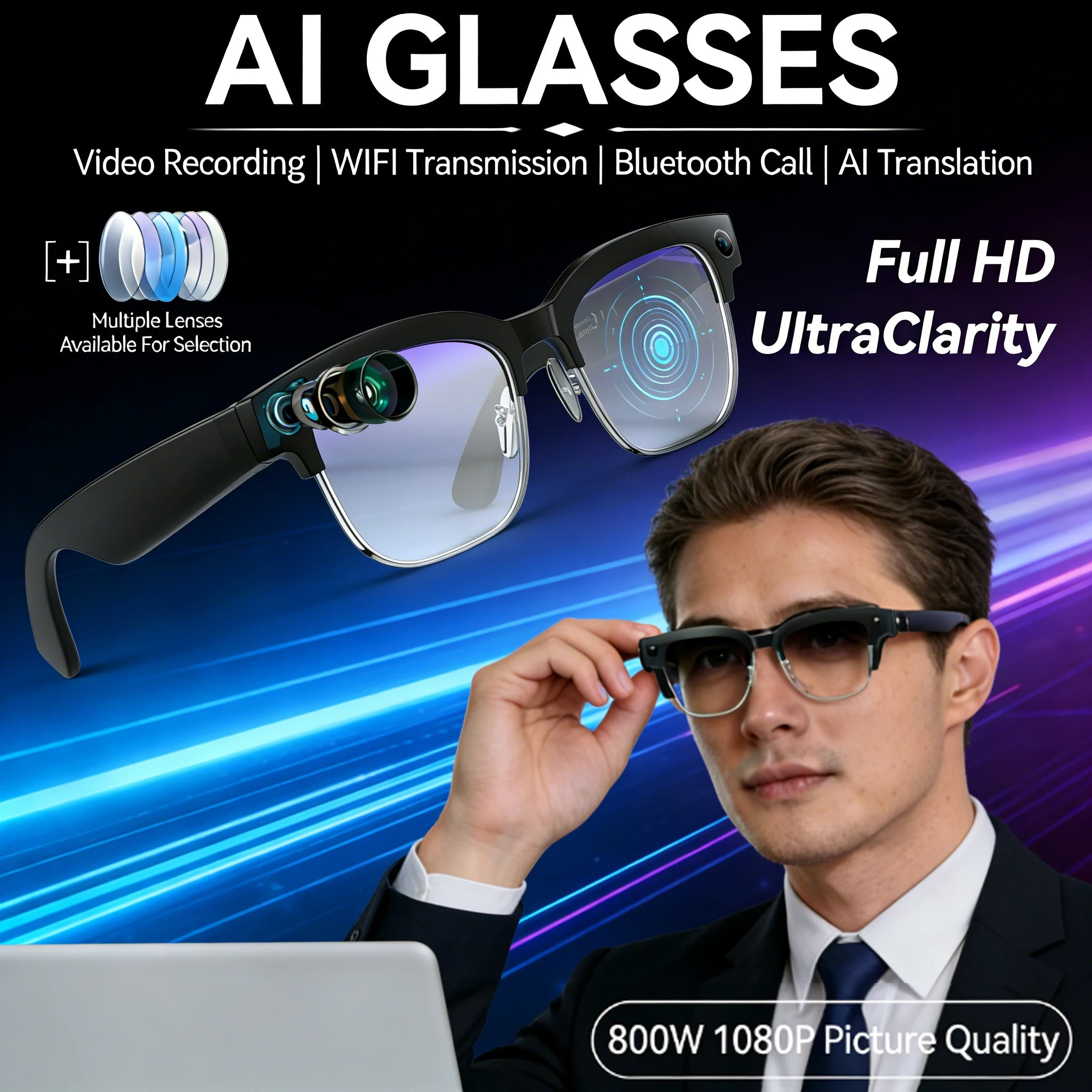 Gafas inteligentes con IA, Bluetooth, 8MP, resistentes al agua (IP66), grabación de video, reconocimiento de fotos y traducción, batería de 290 mAh. Gafas para uso diario.