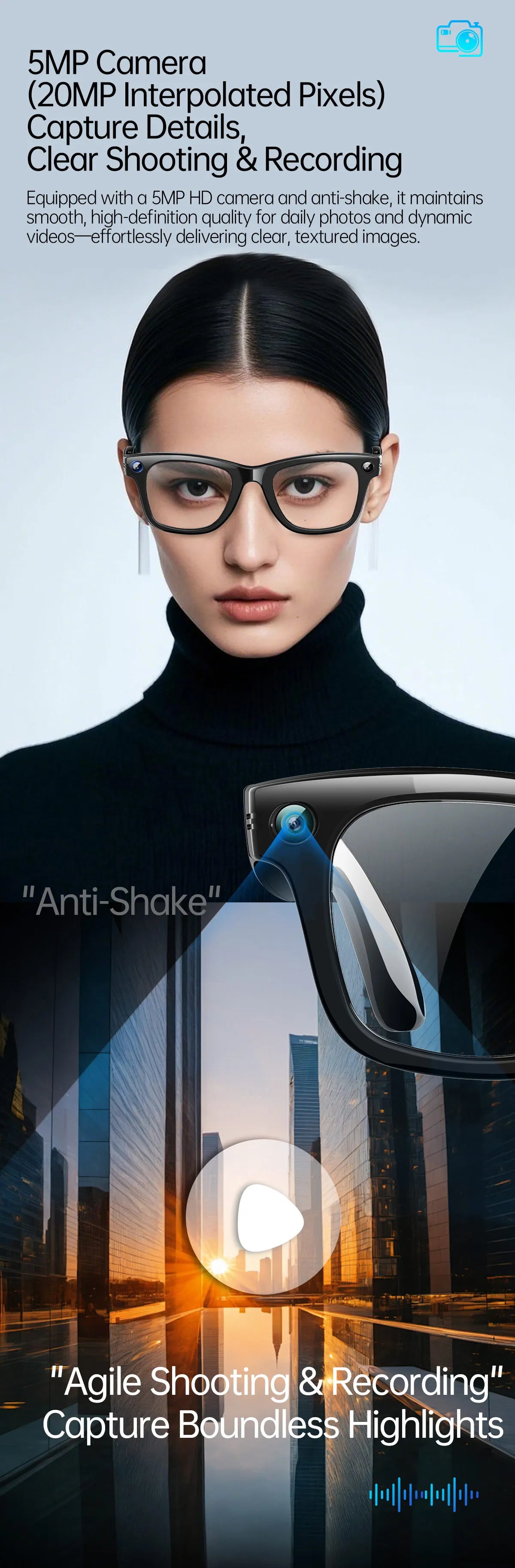 Gafas inteligentes con IA, 5 millones de píxeles, grabación de vídeo, reconocimiento fotográfico, traducción de respuestas, batería de 290 mAh, resistencia al agua IP66, Bluetooth.