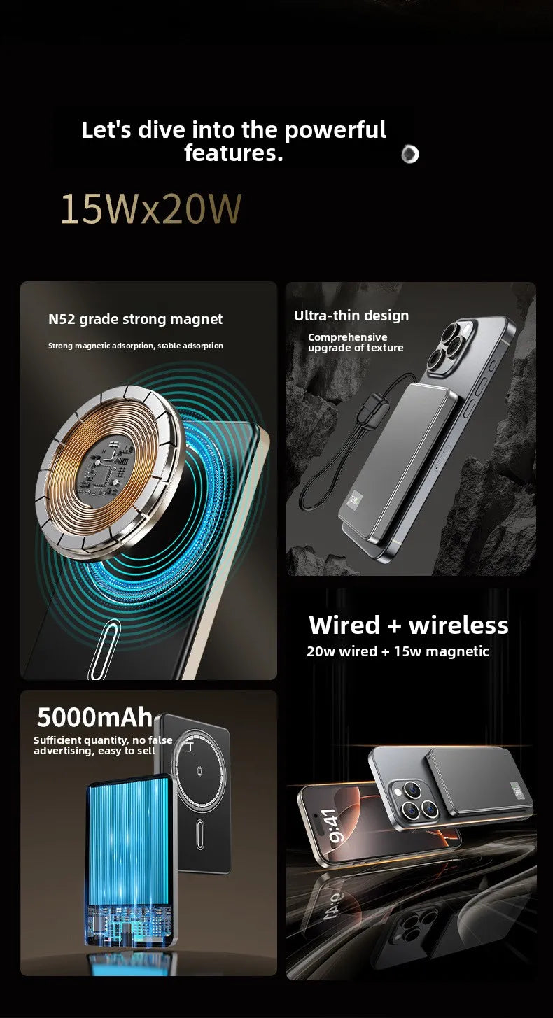Batería externa magnética ultradelgada 3 en 1 de 10000 mAh con carga rápida y cable integrado para relojes y auriculares recargables PD 22.5WS