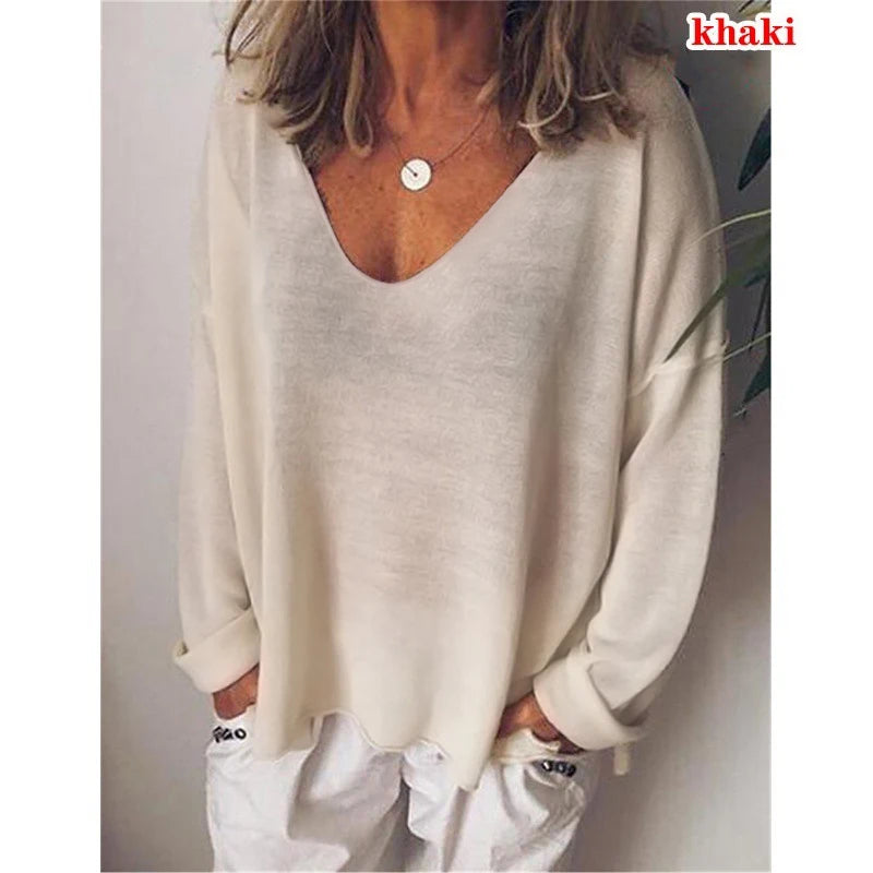 Camiseta de mujer de moda de verano, color liso, estilo casual, versátil, holgada, con cuello en V, manga larga, estilo Y2K.