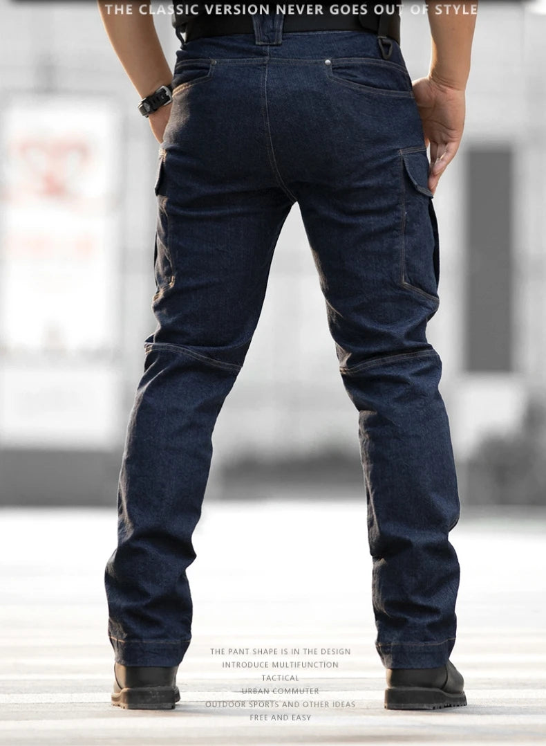 Pantalones vaqueros tácticos para hombre, estilo militar, de mezclilla, cargo, con múltiples bolsillos, elásticos, informales, para trabajo, entrenamiento y senderismo al aire libre.