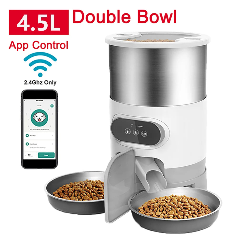 Comedero automático para mascotas de 4,5 L con conexión WIFI y aplicación, dispensador de comida seca, grabadora de voz y temporizador, ideal para gatos y perros grandes.