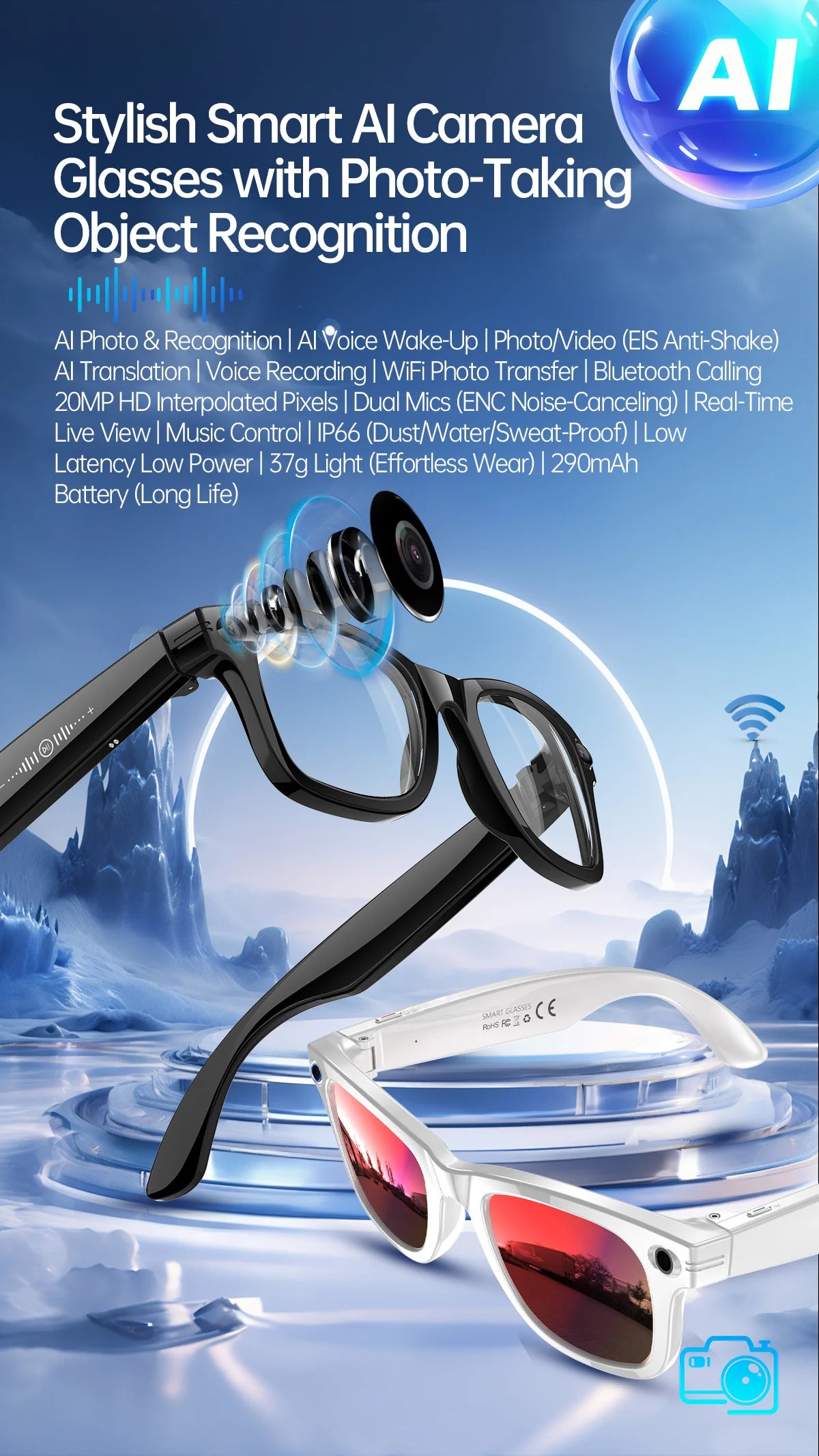 Gafas inteligentes con IA, 5 millones de píxeles, grabación de vídeo, reconocimiento fotográfico, traducción de respuestas, batería de 290 mAh, resistencia al agua IP66, Bluetooth.