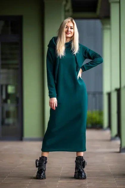 Vestido largo de punto holgado con capucha para mujer, ideal para otoño e invierno. Vestido de terciopelo con capucha, estilo casual, con detalles de costura. Vestido cálido.