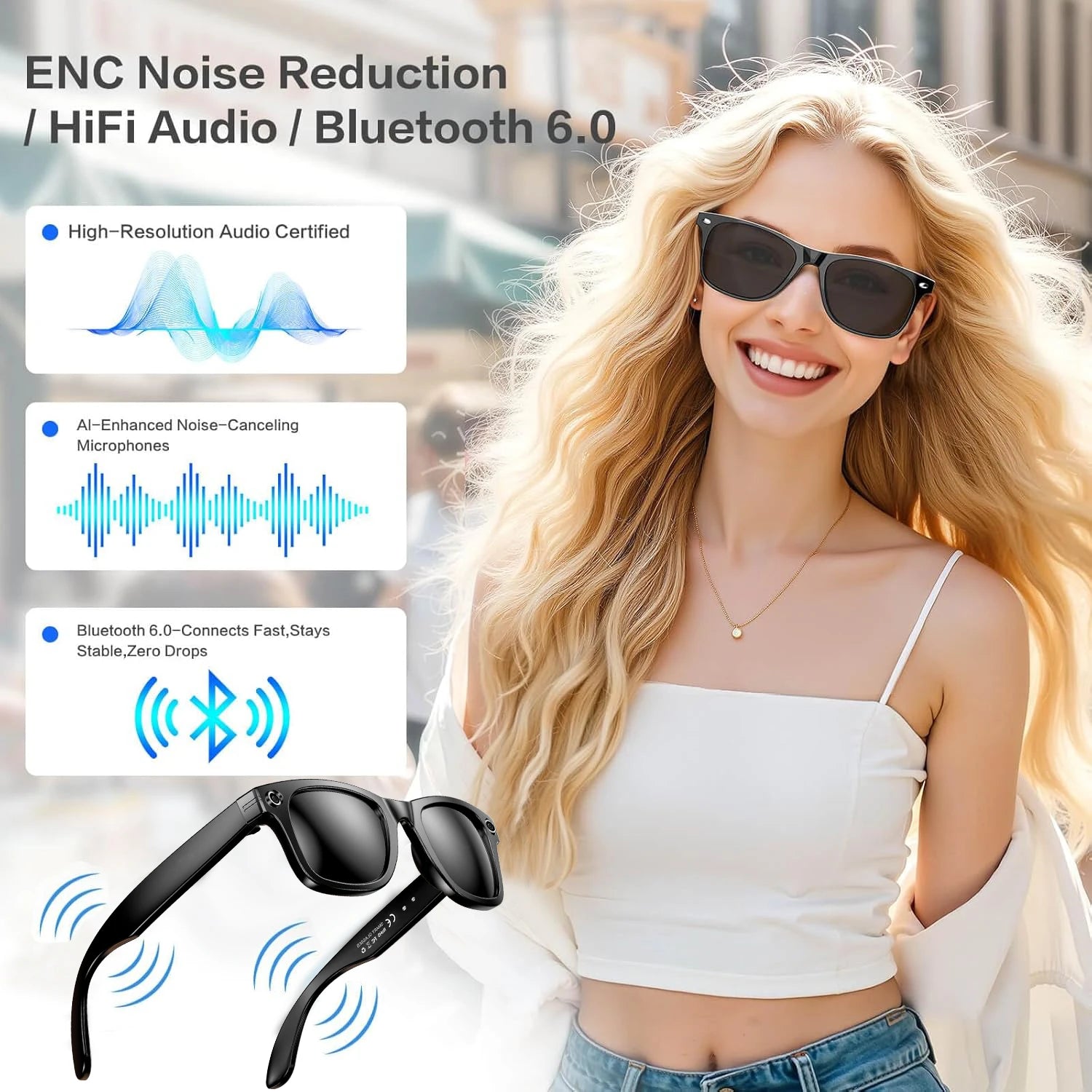 Gafas inteligentes 2026 con cámara de 8 MP, grabación de video, reconocimiento fotográfico por IA, llamadas Bluetooth y traducción de voz. Gafas de sol para hombre y mujer