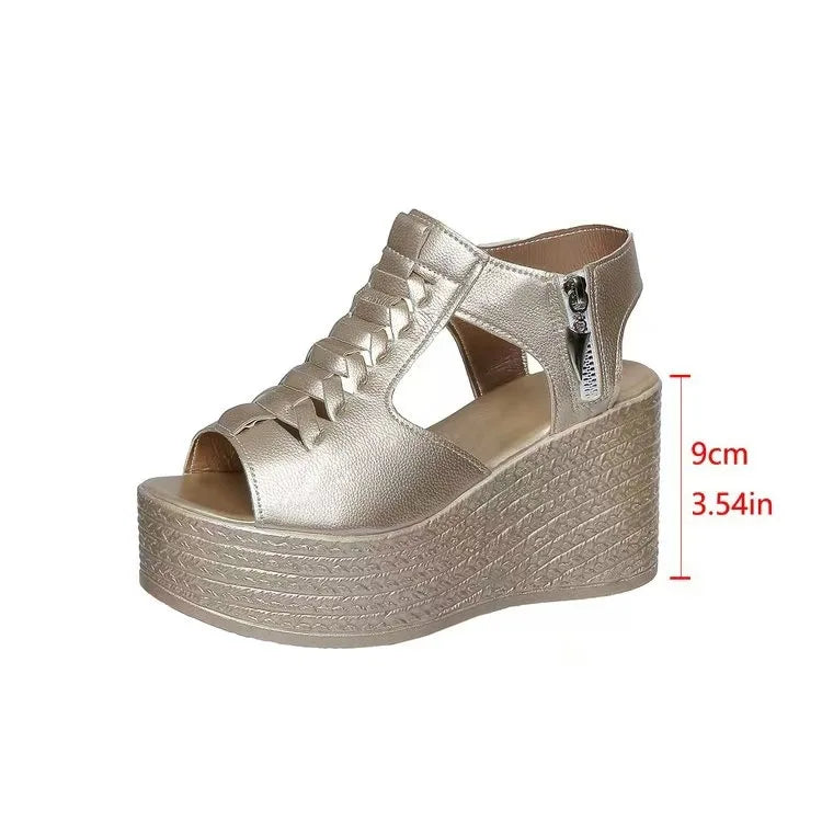 Sandalias de cuña con plataforma para mujer, nuevas, sexys, de color liso, tacón alto, punta abierta, cremallera lateral, antideslizantes, para caminar. Zapatos de diseñador.
