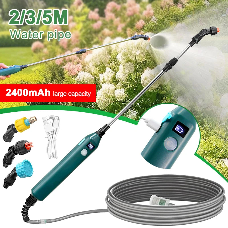 Pulverizador eléctrico portátil de 2400 mAh con 3 boquillas de niebla para riego de plantas y jardines.