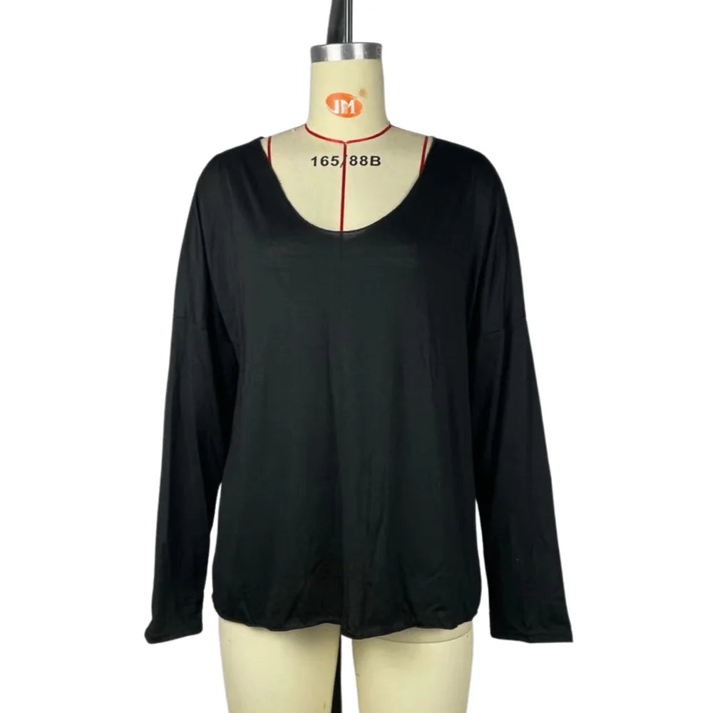 Camiseta de mujer de moda de verano, color liso, estilo casual, versátil, holgada, con cuello en V, manga larga, estilo Y2K.
