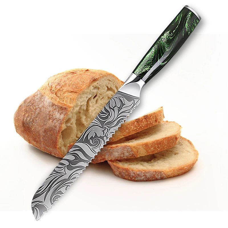 Cuchillo de cocina, cuchillo de chef, cuchillo japonés, cuchillo con patrón de Damasco láser, cuchillo para cortar carne, fruta, pan, verduras, cuchillo deshuesador, cuchillo multiusos para rebanar