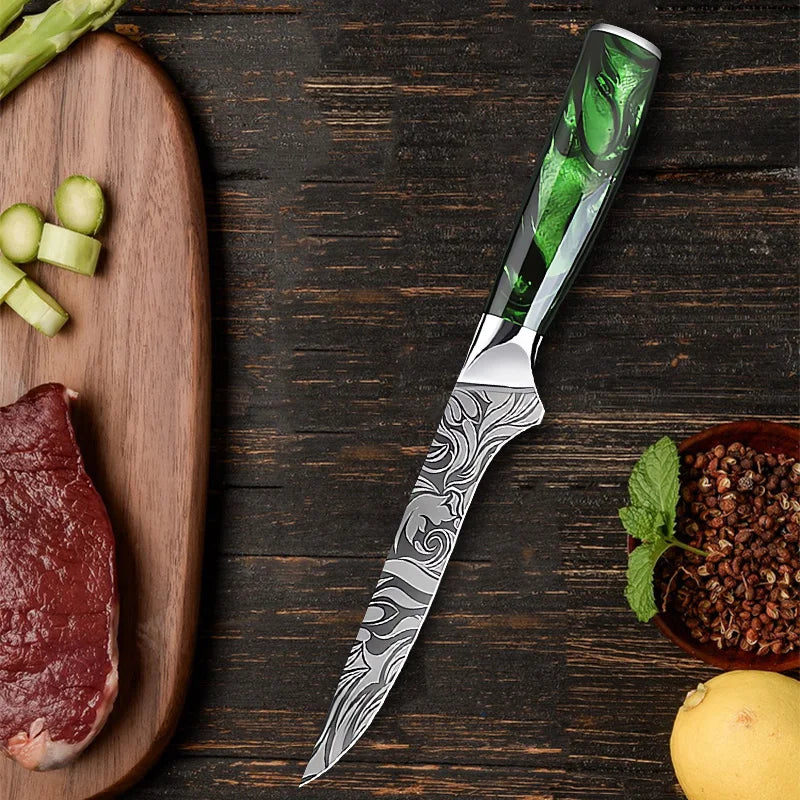 Cuchillo de cocina, cuchillo de chef, cuchillo japonés, cuchillo con patrón de Damasco láser, cuchillo para cortar carne, fruta, pan, verduras, cuchillo deshuesador, cuchillo multiusos para rebanar