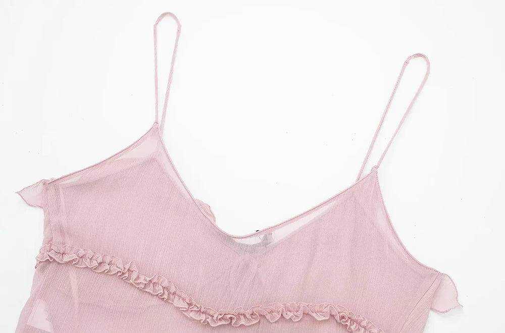 Moda femenina con tops semitransparentes con volantes en la parte delantera y tirantes finos sin espalda, sexys, para mujer