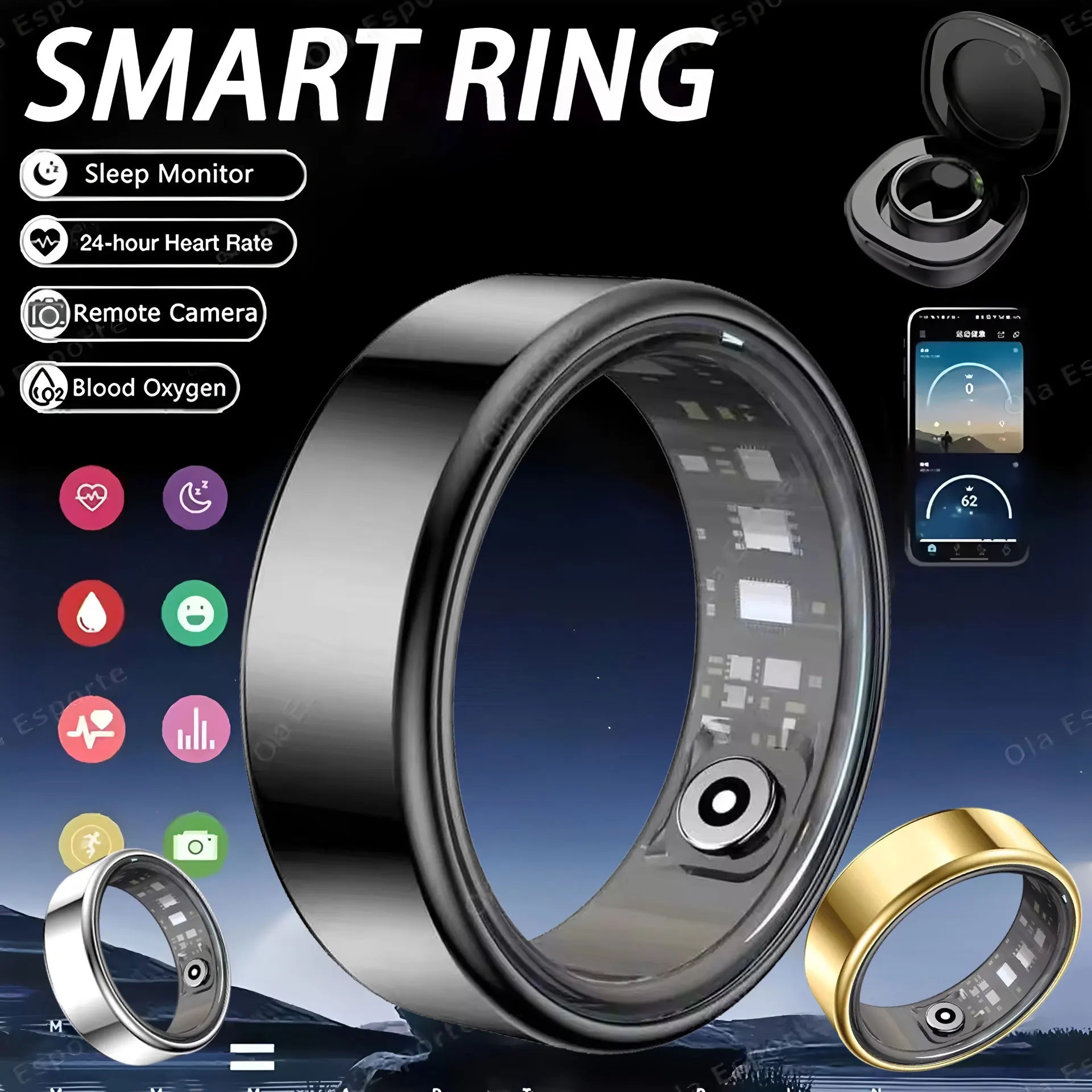 Anillo inteligente R10 con base de carga para hombres y mujeres. Monitorización de la salud, el sueño y la frecuencia cardíaca. Resistencia al agua IP68 y 5ATM. Modo multideporte