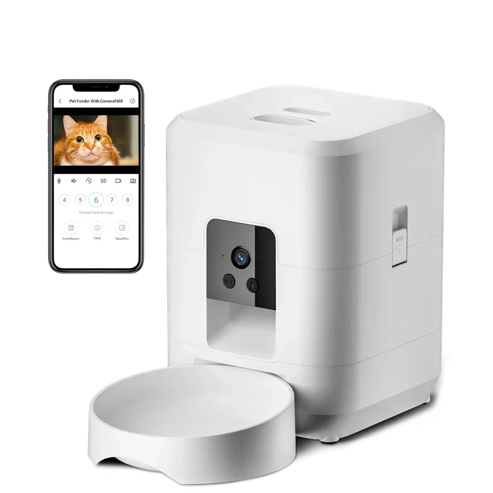Comedero automático inteligente para mascotas de 2 litros con Wi-Fi y cámara HD 1080P, control por aplicación para alimentar a perros y gatos a distancia.