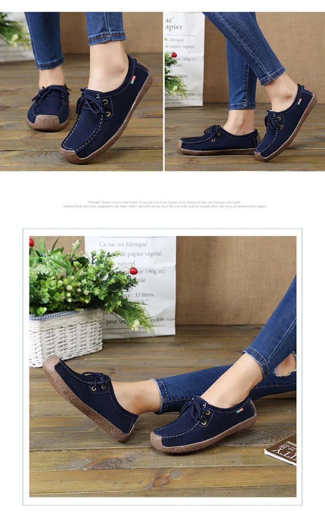 Zapatos casuales de mujer de nueva colección 2025: bailarinas de ante y piel, mocasines con cordones, zapatos de moda para mujer, tallas grandes 35-42.