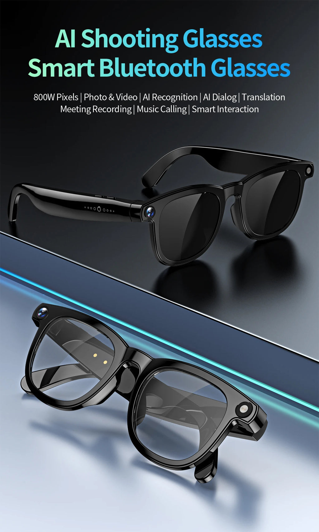 Gafas inteligentes con cámara de píxeles de 800 W, foto y vídeo, gafas de sol con IA, traducción de conversaciones, reuniones de oficina, música y reconocimiento de IA.