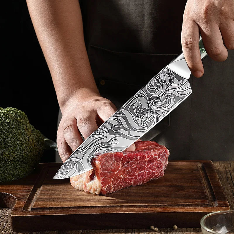 Cuchillo de cocina, cuchillo de chef, cuchillo japonés, cuchillo con patrón de Damasco láser, cuchillo para cortar carne, fruta, pan, verduras, cuchillo deshuesador, cuchillo multiusos para rebanar