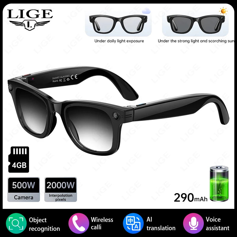 Gafas inteligentes con IA, 5 millones de píxeles, grabación de vídeo, reconocimiento fotográfico, traducción de respuestas, batería de 290 mAh, resistencia al agua IP66, Bluetooth.