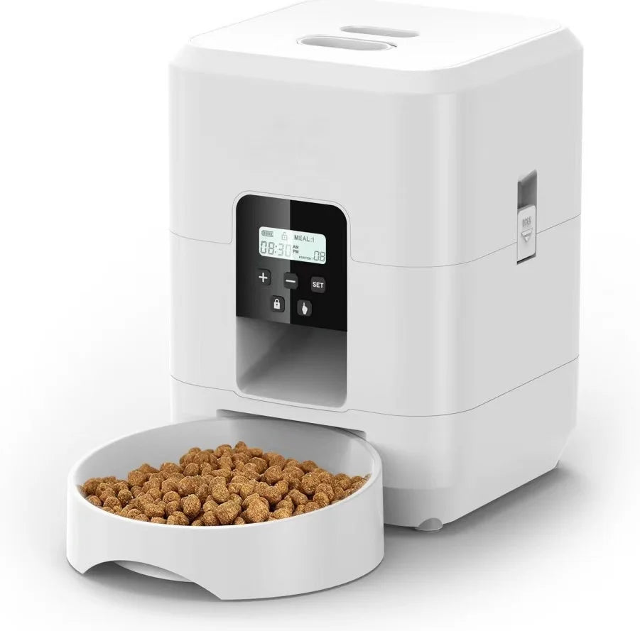 Comedero automático inteligente WiFi de 2 litros para gatos y perros con temporizador y alerta de bajo nivel de comida.