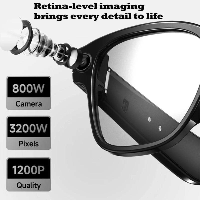 Gafas inteligentes con cámara HD de 8 MP, vídeo HD antivibración de 1200p, asistente de voz inteligente con IA, traducción en tiempo real y reconocimiento de objetos.
