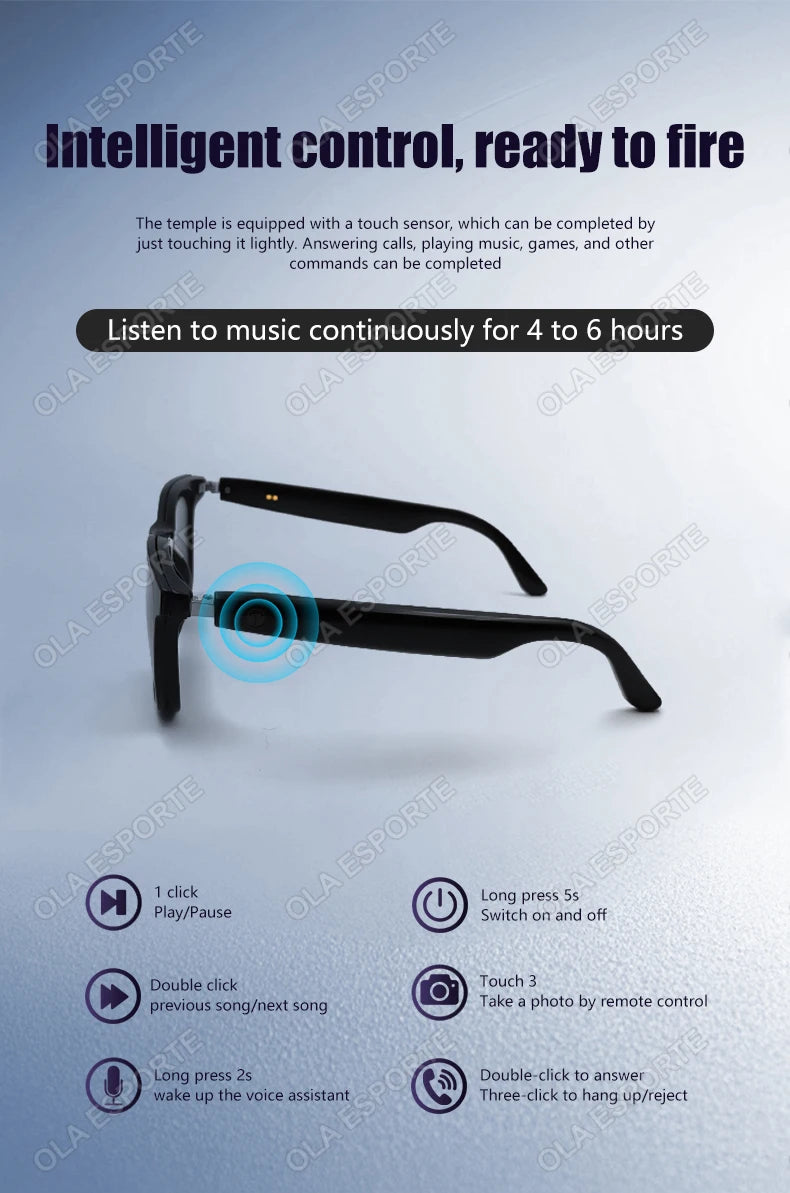 Gafas inteligentes Hot GS05 para hombre 2 en 1 con protección UV, portátiles, polarizadas, con filtro de luz azul, montura negra y lentes blancas. Gafas de sol con función de música.