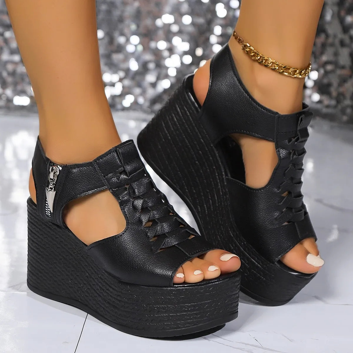 Sandalias de cuña con plataforma para mujer, nuevas, sexys, de color liso, tacón alto, punta abierta, cremallera lateral, antideslizantes, para caminar. Zapatos de diseñador.