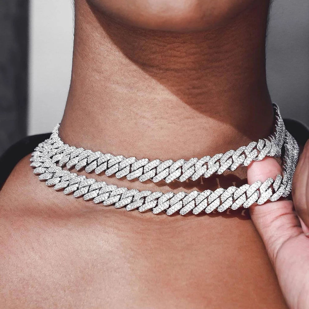 Collar de eslabones cubanos Miami de 14 mm color plata para mujer, con incrustaciones de diamantes de imitación en dos filas, gargantilla cuadrada de eslabones cubanos.