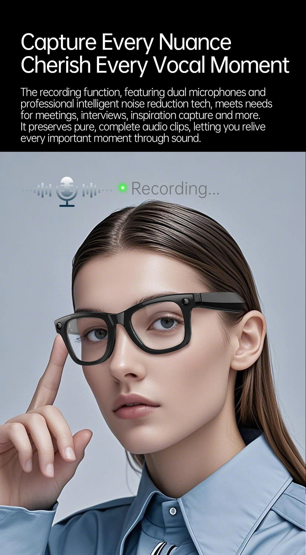 Gafas inteligentes con IA, 5 millones de píxeles, grabación de vídeo, reconocimiento fotográfico, traducción de respuestas, batería de 290 mAh, resistencia al agua IP66, Bluetooth.