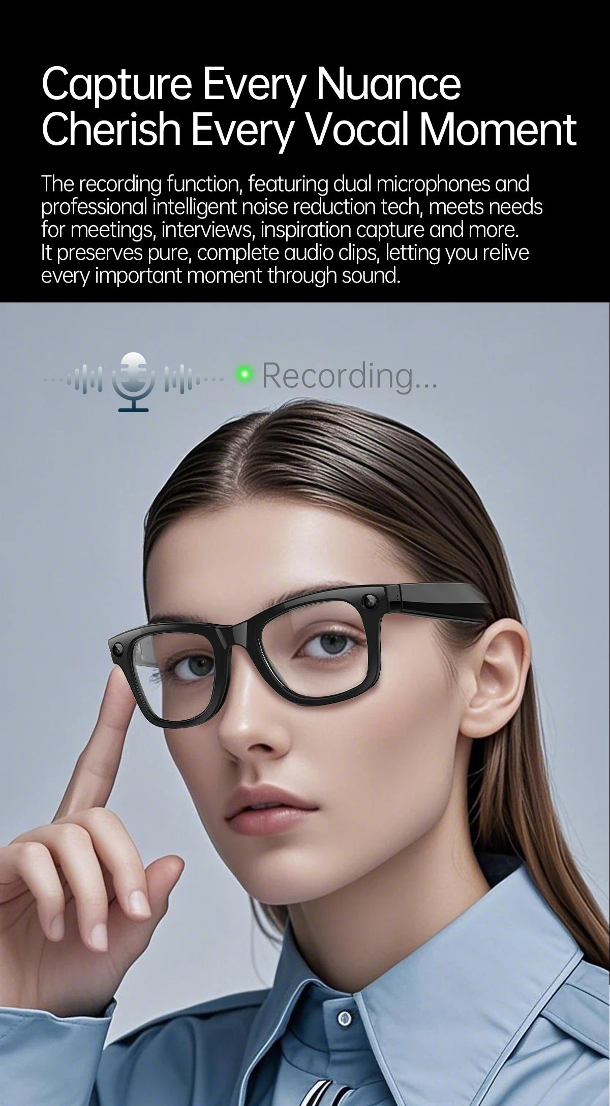 Gafas inteligentes con IA, 5 millones de píxeles, grabación de vídeo, reconocimiento fotográfico, traducción de respuestas, batería de 290 mAh, resistencia al agua IP66, Bluetooth.