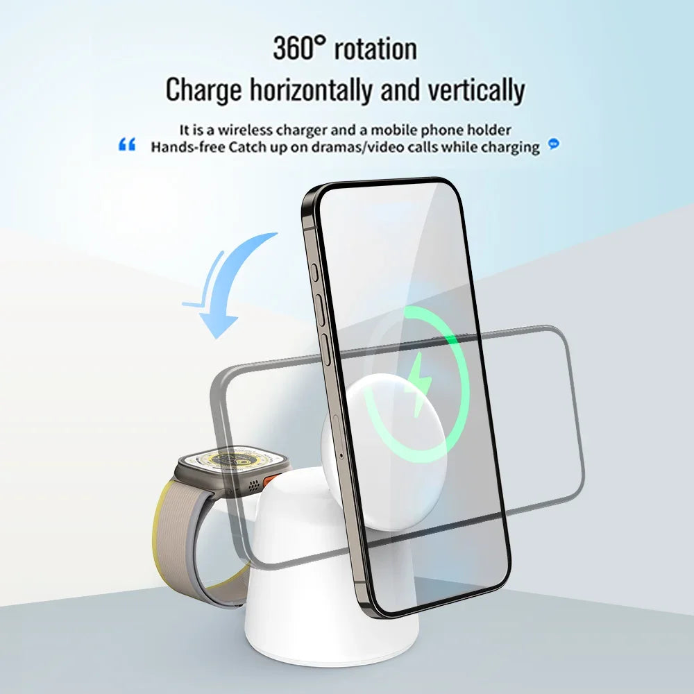 Soporte cargador inalámbrico magnético plegable 3 en 1 para iPhone 15, 14, 13, 12 Pro Max, AirPods, Apple Watch 9, 8, 7 y 6. Base de carga rápida.