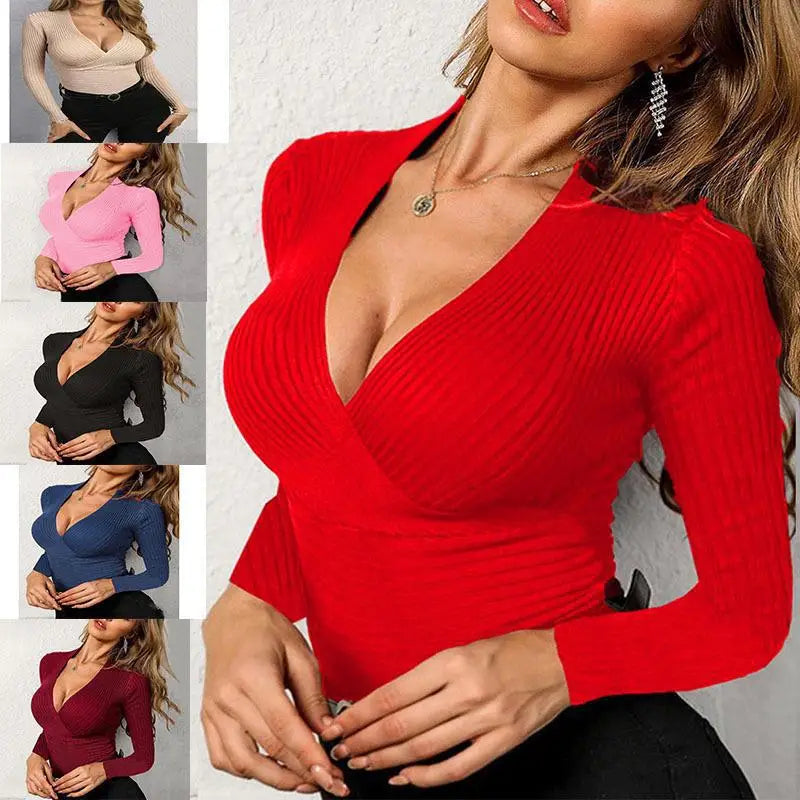 Top ajustado de punto de manga larga con cuello en V, color liso, a la moda para mujer, colección otoño 2025.
