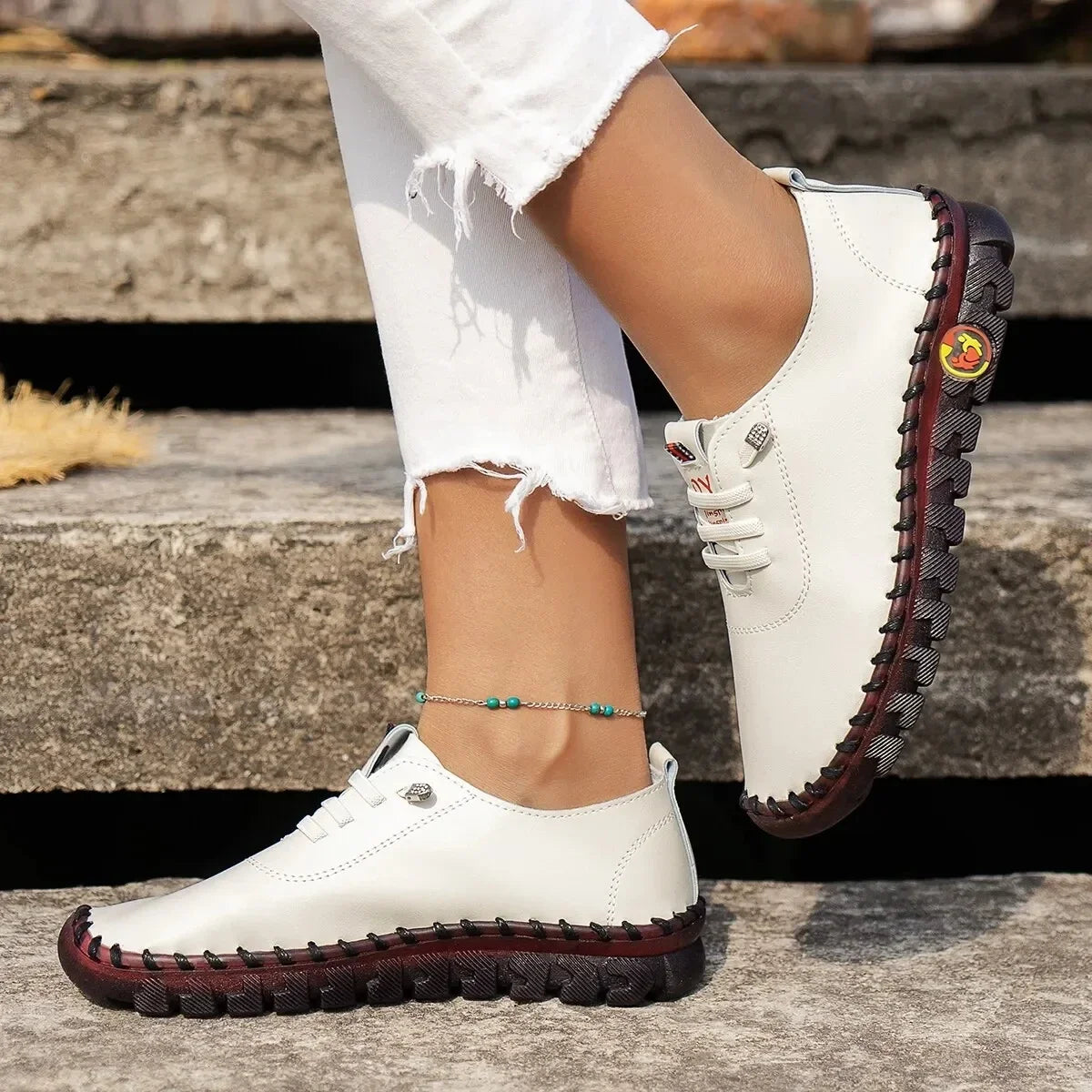 Zapatillas deportivas para mujer, mocasines con cordones, de cuero, planas, nuevas, informales, cómodas, para mamá, zapatos Mujer Zapatos Chaussure Femme