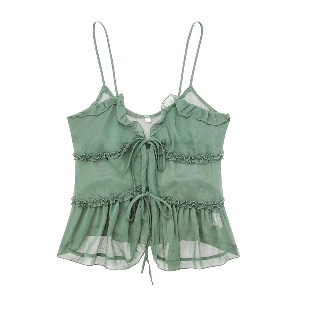 Moda femenina con tops semitransparentes con volantes en la parte delantera y tirantes finos sin espalda, sexys, para mujer
