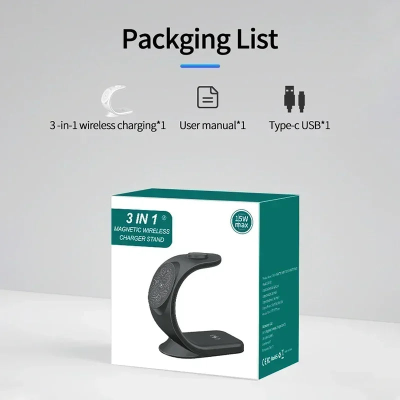 Cargador inalámbrico magnético 3 en 1, estación de carga rápida para MagSafe iPhone 16~12 Pro Max iWatch 10/9/8/7/6/5/4/3/2 SE AirPods Pro