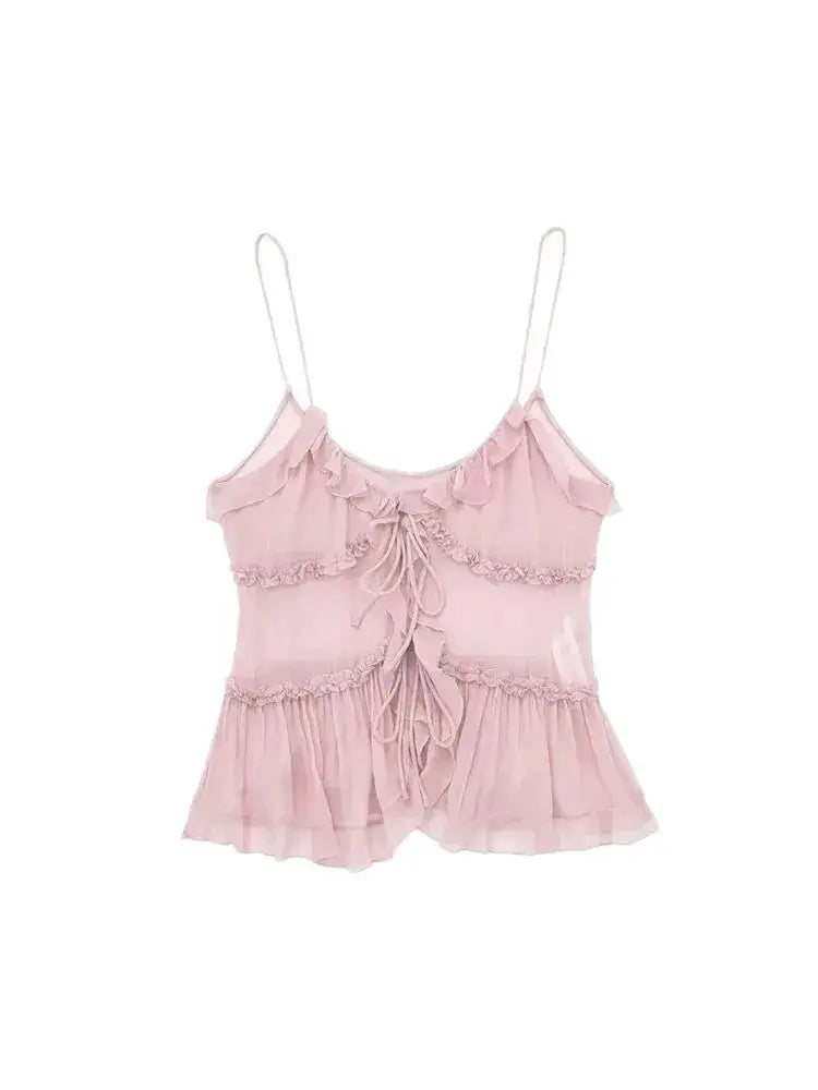 Moda femenina con tops semitransparentes con volantes en la parte delantera y tirantes finos sin espalda, sexys, para mujer
