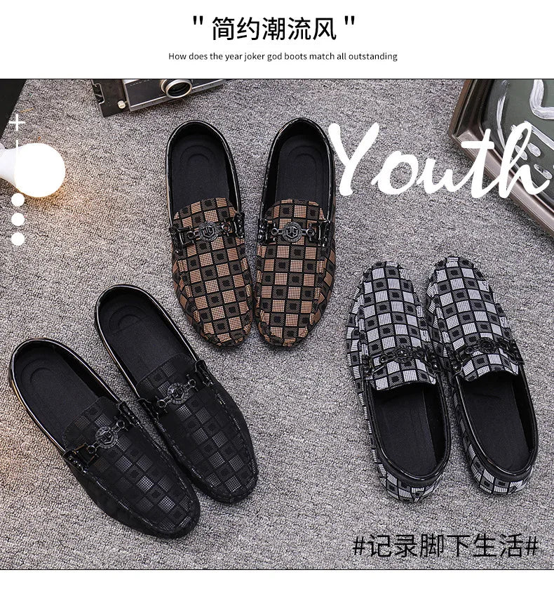 Mocasines nuevos para hombre, zapatos casuales transpirables, cómodos, de cuero a cuadros, zapatos casuales para hombre, sin cordones, concisos, de calidad, zapatillas deportivas para hombre.