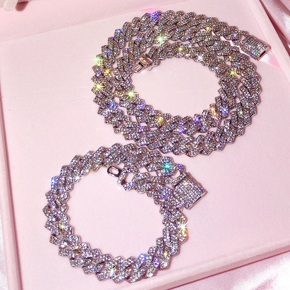 Collar de eslabones cubanos Miami de 14 mm color plata para mujer, con incrustaciones de diamantes de imitación en dos filas, gargantilla cuadrada de eslabones cubanos.