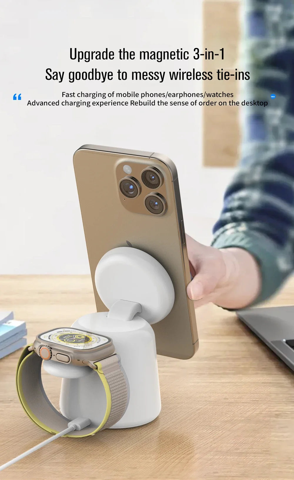 Soporte cargador inalámbrico magnético plegable 3 en 1 para iPhone 15, 14, 13, 12 Pro Max, AirPods, Apple Watch 9, 8, 7 y 6. Base de carga rápida.