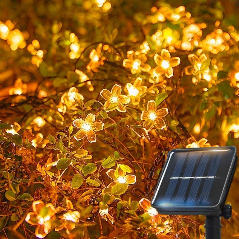 Guirnaldas de luces solares con forma de flores de cerezo para jardín, luces solares impermeables para exteriores, decoración navideña para césped y caminos.