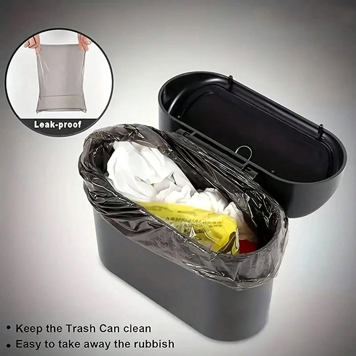 Cubo de basura para coche con tapa, 4 rollos de bolsas de basura, a prueba de fugas, cubo de basura portátil colgante para la organización del vehículo.