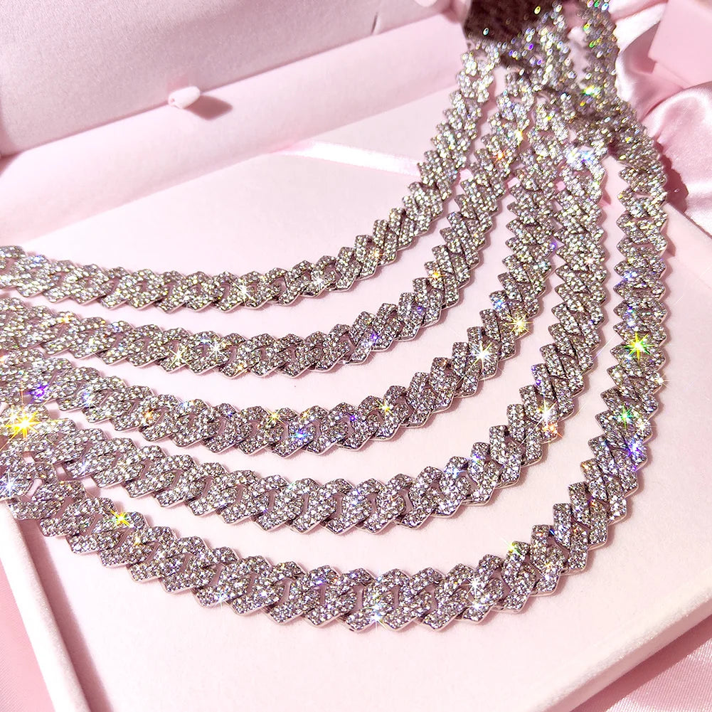Collar de eslabones cubanos Miami de 14 mm color plata para mujer, con incrustaciones de diamantes de imitación en dos filas, gargantilla cuadrada de eslabones cubanos.