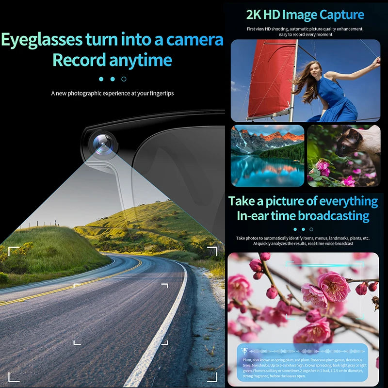 Gafas inteligentes con cámara de píxeles de 800 W, foto y vídeo, gafas de sol con IA, traducción de conversaciones, reuniones de oficina, música y reconocimiento de IA.
