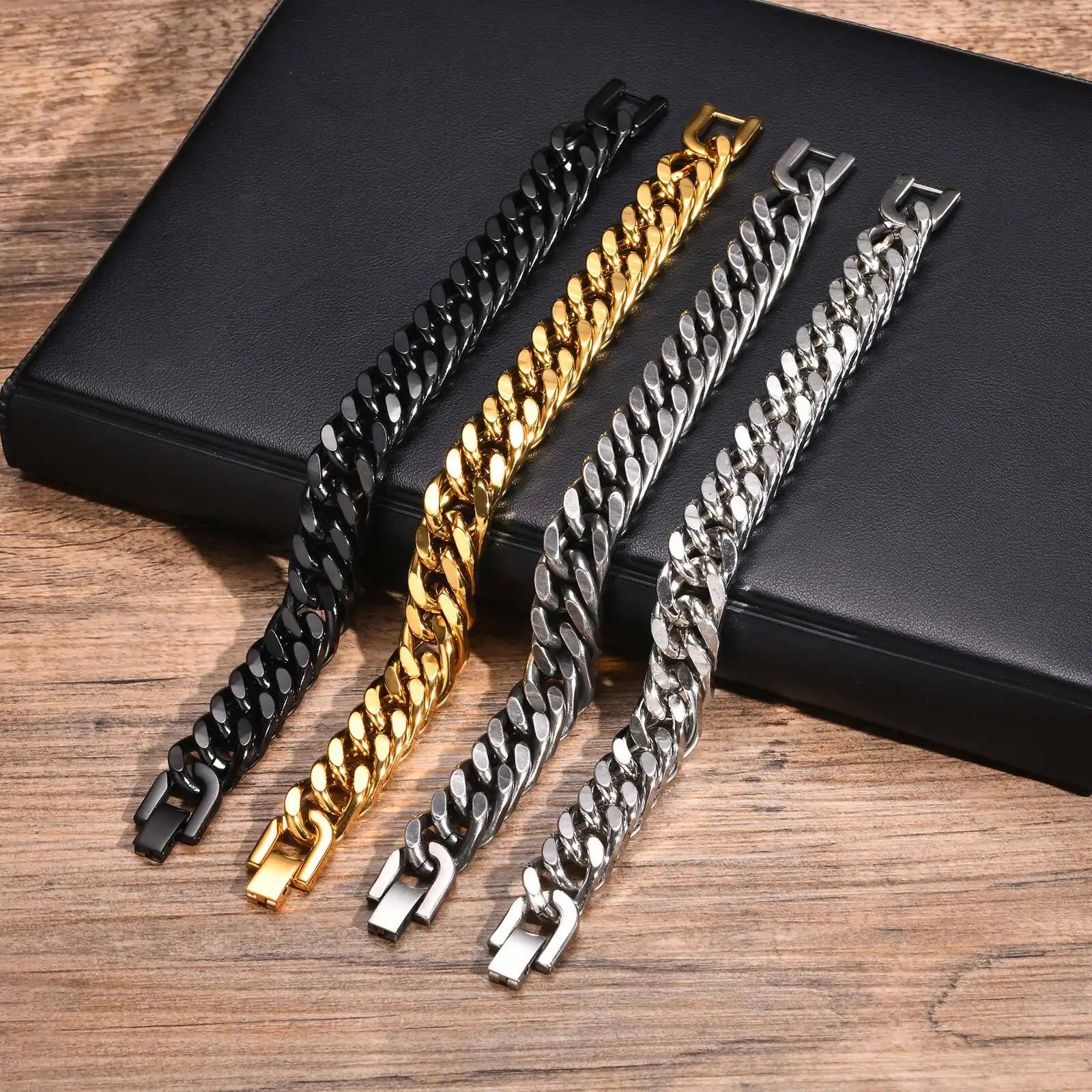 Pulsera de cadena cubana gruesa para hombre, acero inoxidable, oro, plata, negro, estilo retro, eslabones Miami, regalo, 8/10/12/15 mm de ancho