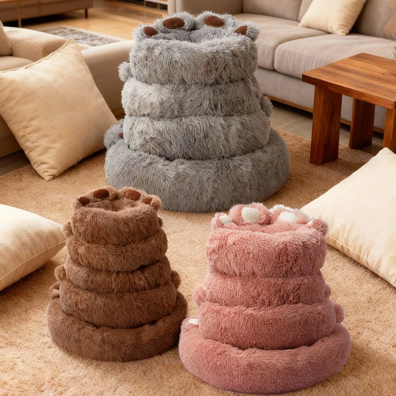 Cama de invierno grande para perros con forma de pata, cama relajante para mascotas, cama de felpa cálida tipo donut para perros y gatos con base antideslizante, tamaño grande para perros grandes.