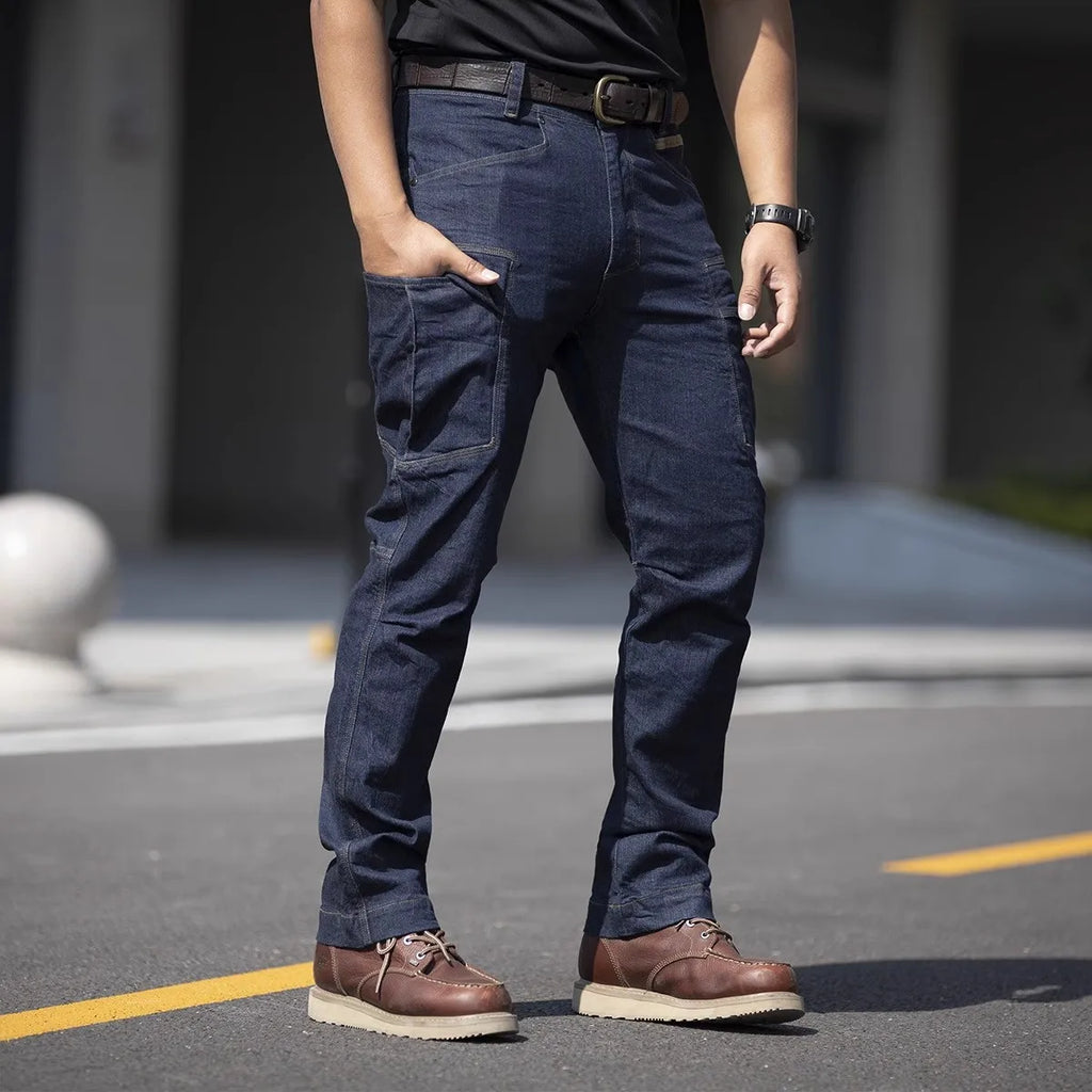 Pantalones vaqueros tácticos para hombre, estilo militar, de mezclilla, cargo, con múltiples bolsillos, elásticos, informales, para trabajo, entrenamiento y senderismo al aire libre.