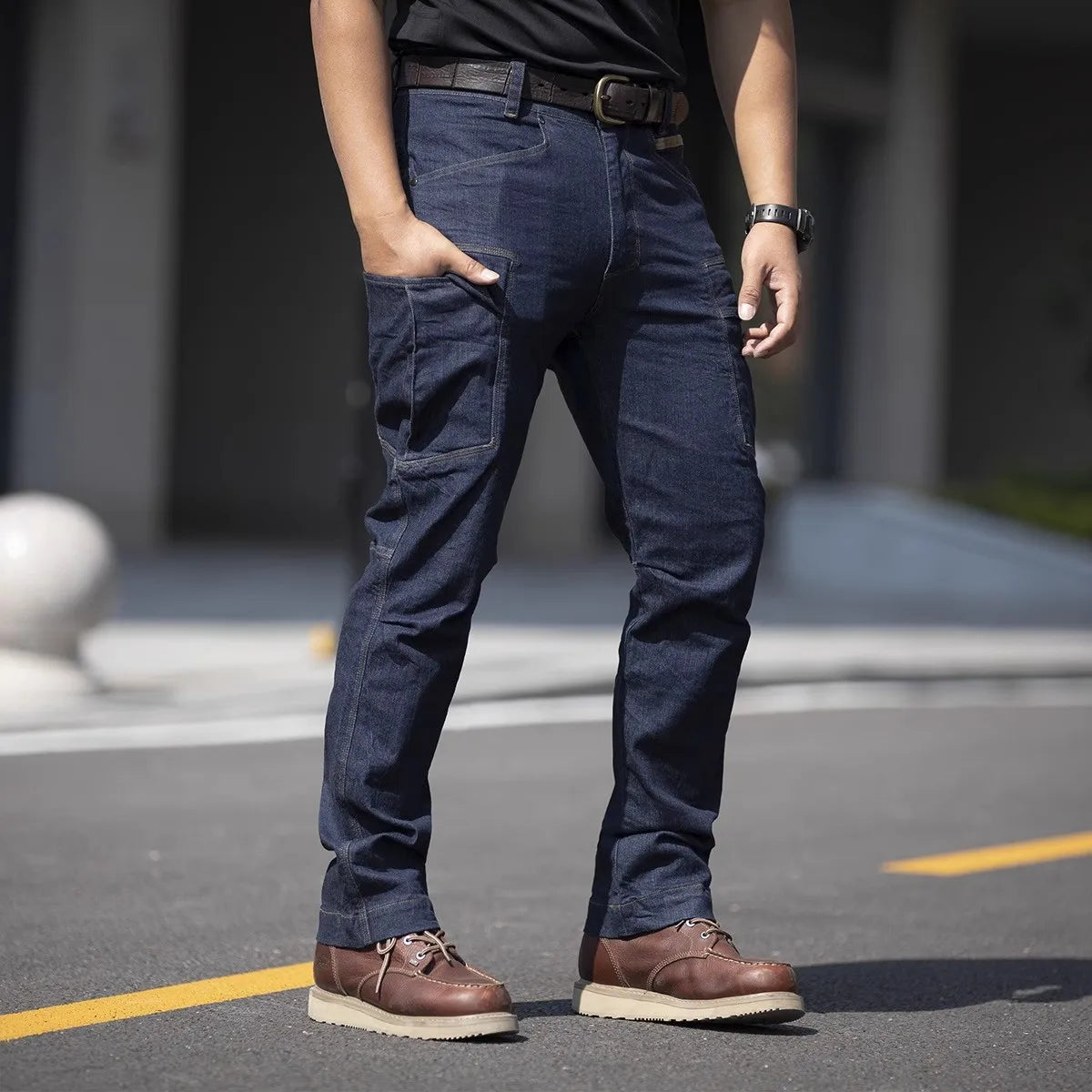 Pantalones vaqueros tácticos para hombre, estilo militar, de mezclilla, cargo, con múltiples bolsillos, elásticos, informales, para trabajo, entrenamiento y senderismo al aire libre.
