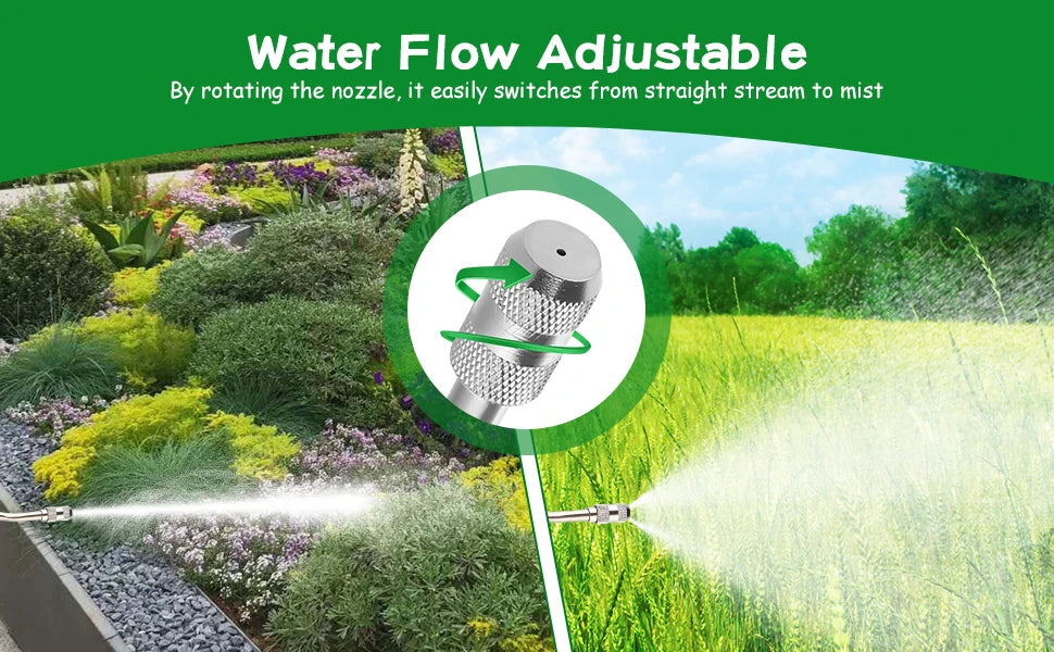 Varilla rociadora de acero inoxidable de 71 cm (28 pulgadas) con conector de latón de 9,5 mm (3/8"). Boquilla para manguera de jardín duradera, ajustable y ligera