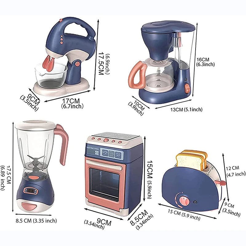 Mini electrodomésticos de juguete para la cocina, juego de imitación con cafetera, licuadora y tostadora para niños y niñas. Regalo ideal.