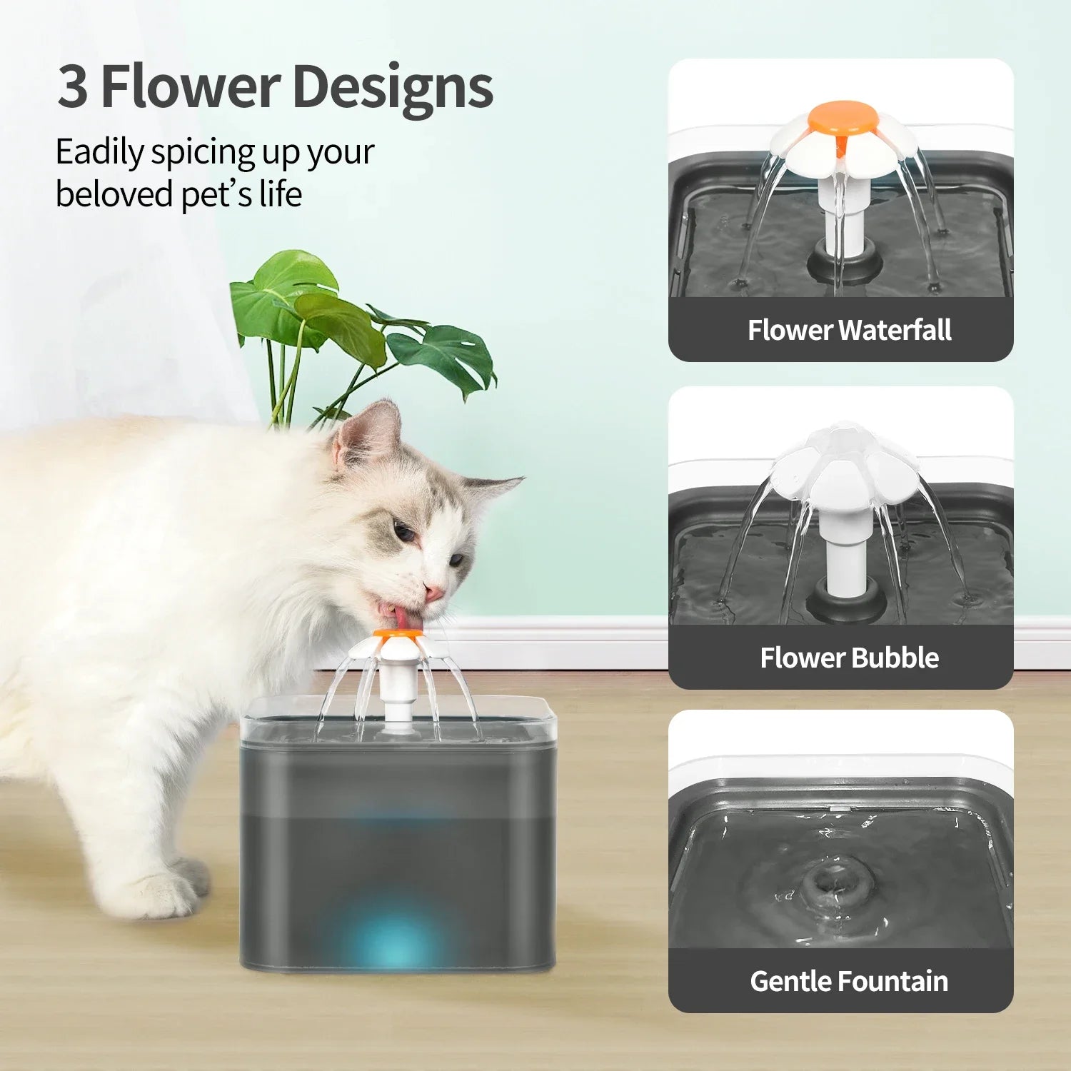 Fuente de agua ultra silenciosa para mascotas de 2 litros (67 oz) con iluminación LED y filtro automático de carbón activado. Dispensador de agua silencioso para gatos y perros pequeños